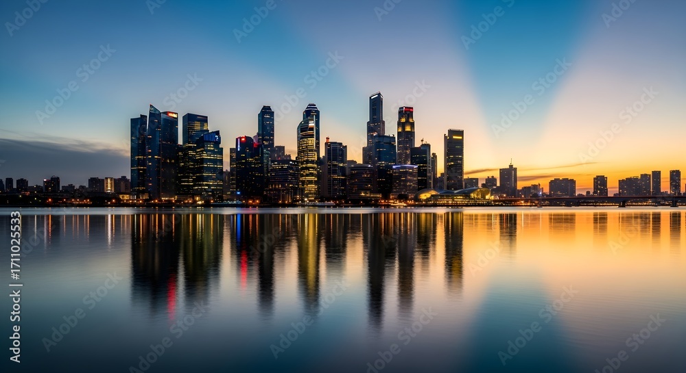 Fototapeta premium The striking Singapore skyline reflects perfectly on the calm water at dawn. Beams of light radiate from behind the city, illuminating the sky in brilliant hues of orange and blue. The modern cityscap