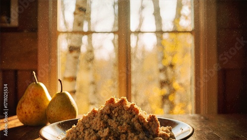 Golden Oatmeal Crumble On Plate With Ripe Pears, Farmhouse Window Light, Birch Leaves Cool Morning Kitchen Background