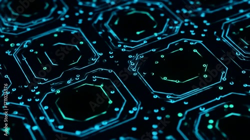 A complex network of glowing, turquoise circuit lines forms a repeating hexagonal pattern.