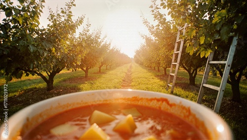 Tomato Soup With Tender Apple Chunks In Orchard Lane, Harvest Ladder And Warm Afternoon Sun Rustic Orchard Background