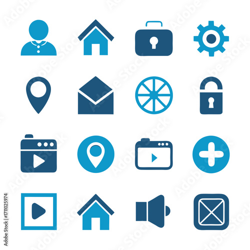 Collection of flat blue icons for general web usage