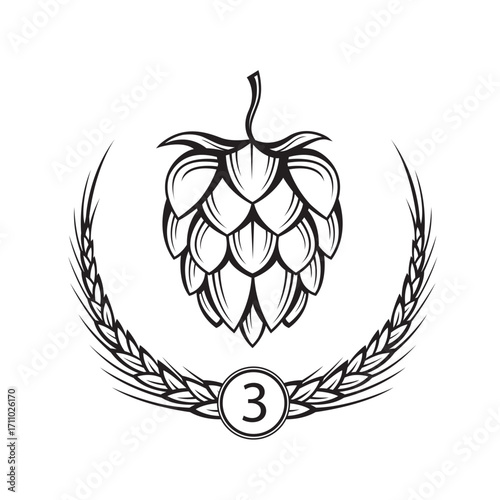 black illustration of hop and barley ear for brewing isolated on white background