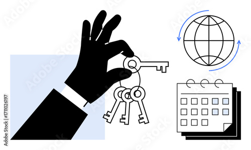 Hand holding keys represents leadership, decision-making, and access, alongside a globe for globalization and interconnectedness, and a calendar for planning. Ideal for business, success, strategy