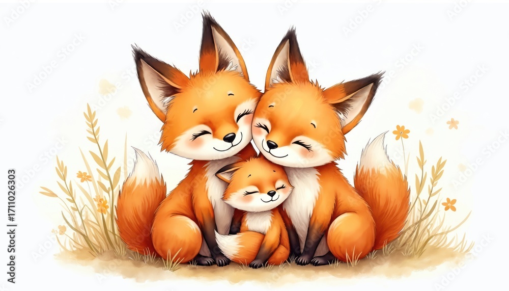 Fototapeta premium Cute fox family snuggles together on grass. Parent foxes lovingly embrace baby kit. Watercolor illustration shows happy wild animals bonding with affection. Sweet tender peaceful moment in nature art