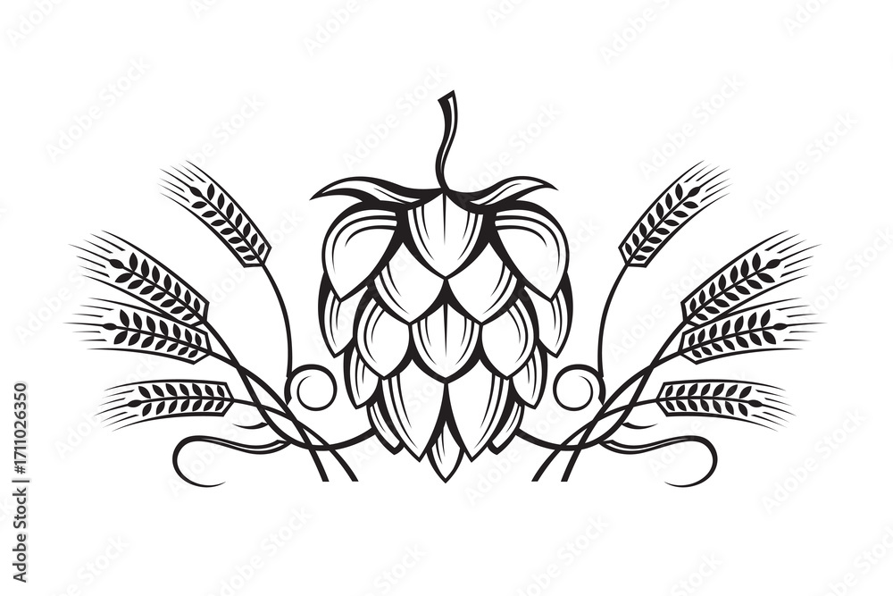 Fototapeta premium black illustration of hop and barley ear for brewing isolated on white background