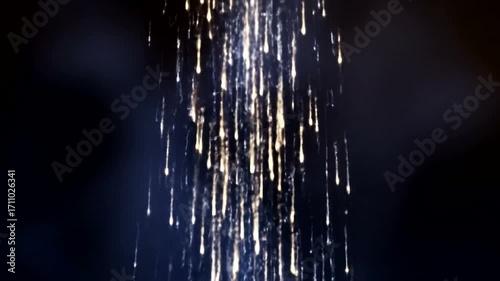A vertical stream of glittering particles falls against a dark background.