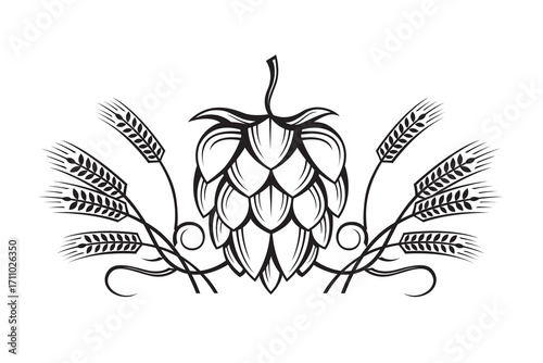 black illustration of hop and barley ear for brewing isolated on white background