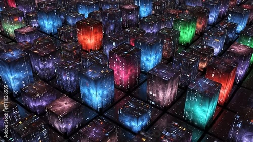 A futuristic city composed of glowing, multifaceted cubes, each with intricate digital patterns, creating an otherworldly scene.