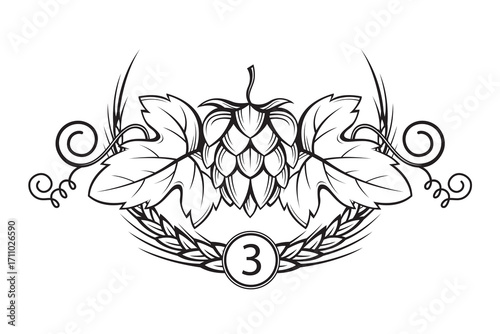 black illustration of hop and barley ear for brewing isolated on white background