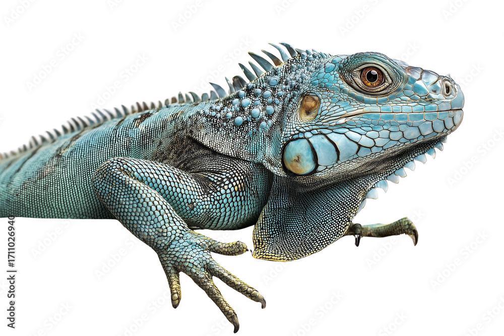 Obraz premium Vibrant Blue Iguana Close-up on Transparent Background