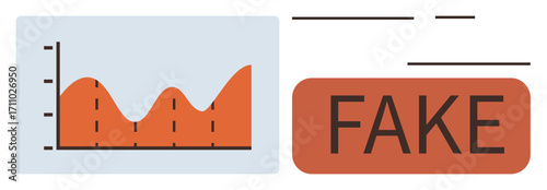 Wavy data chart visual accompanied by a bold fake label emphasizes misinformation and integrity concerns. Ideal for data fraud, analytics, trust, ethics, deception, research, simplicity with a flat