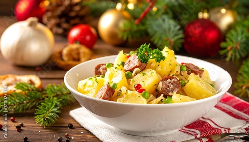 Festive potato salad, garnished with parsley, served in a white bowl, amidst Christmas decorations, on a wooden table.