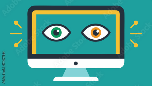 EyeTracking Computer A screen displaying a face with eyes looking at the screen with a cursor following the gaze representing technology that allows control through eye movement.