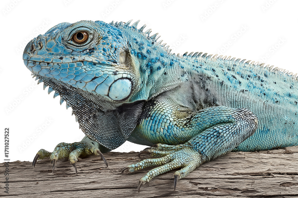 Fototapeta premium Blue Iguana Lizard Close-up on Wood Log Isolated on Transparent Background