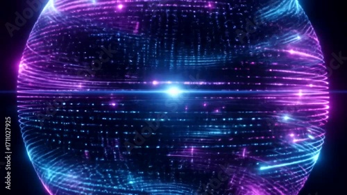 Vibrant, neon-colored sphere of digital particles radiates light.
