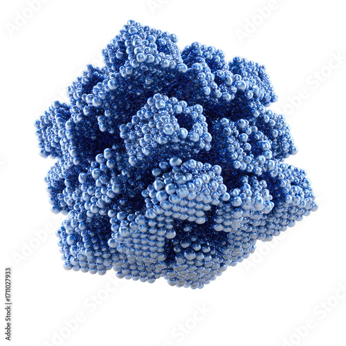 Abstract 3D cluster of interlocking cubes and spheres.  A complex,  densely packed,  blue,  geometric form
