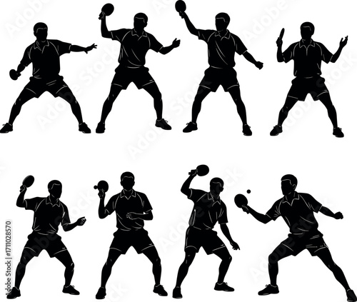 Table Tennis Silhouettes of Players in Action Poses with Rackets – Dynamic Vector Set for Sports, Training, and Education Use