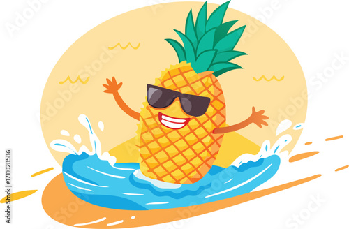 Hand drawn vector illustration of a tropical pineapple on a sunny beach with a palm tree