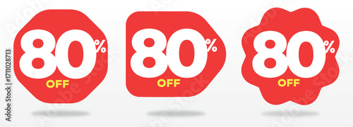80% off, sticker, discount, business, price, shop, store, liquidation, design, sign, vector, set, campaign, percent, offer, tag. Sale, promo, retail,  icon