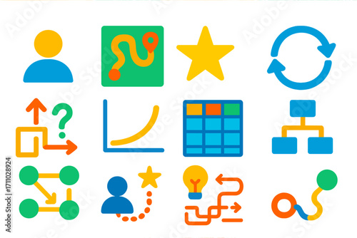 Reinforcement Learning Icons. Flat vector icons of reinforcement learning: agent icon, environment map, reward symbol, action loop