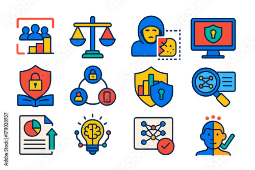 Machine Learning Icons. Flat vector icons of machine learning security and fairness: data bias icon, model fairness scale,