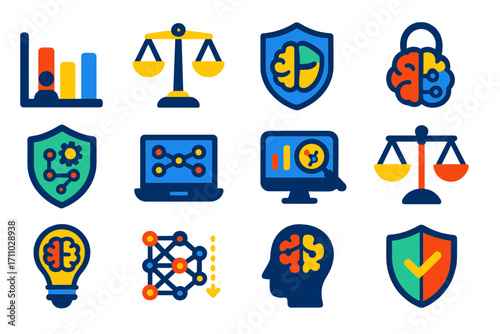 Machine Learning Icons. Flat vector icons of machine learning security and fairness: data bias icon, model fairness scale,