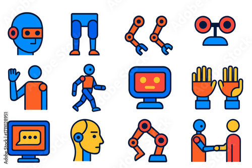 Humanoid Robot Icons. Flat vector icons of humanoid robots: robot head, bipedal legs, articulated arms, camera eyes, humanoid