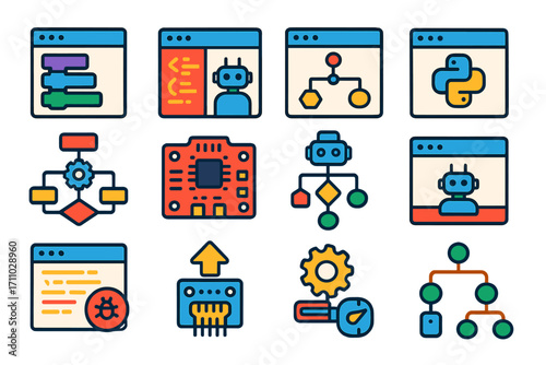 Robot Programming Icons. Flat vector icons of robot programming: block coding interface, C++ robot code, ROS system, Python