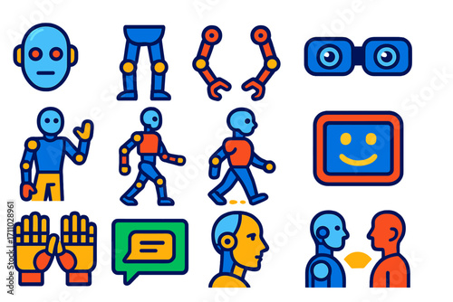 Humanoid Robot Icons. Flat vector icons of humanoid robots: robot head, bipedal legs, articulated arms, camera eyes, humanoid