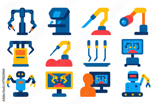Robotic Surgery Icons. Flat vector icons of surgical robots: robotic surgery arm, control console, precision scalpel, surgical