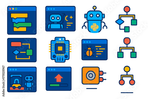 Robot Programming Icons. Flat vector icons of robot programming: block coding interface, C++ robot code, ROS system, Python