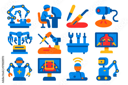 Robotic Surgery Icons. Flat vector icons of surgical robots: robotic surgery arm, control console, precision scalpel, surgical