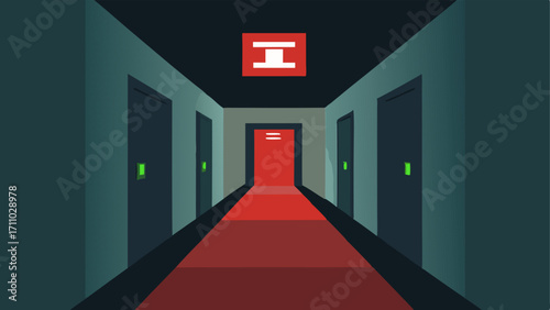Emergency Exits A marked emergency exit in a corridor with clear signage and illuminated paths to guide residents safely and calmly in case of an emergency.