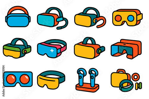 VR Hardware Icons. Flat vector icons of VR hardware types: all-in-one headset, tethered VR, PC VR headset, mobile VR headset,