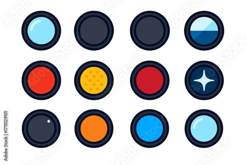 Colorful Lens Filter Icons. Flat vector icons of lens filter types: UV filter, circular polarizer, neutral density filter,