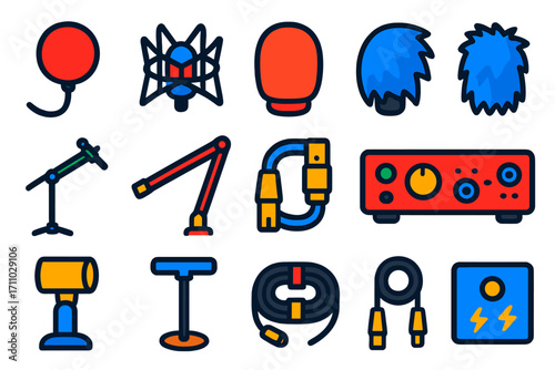Microphone Accessory Icons. Flat vector icons of microphone accessories: pop filter, shock mount, foam windscreen, deadcat wind