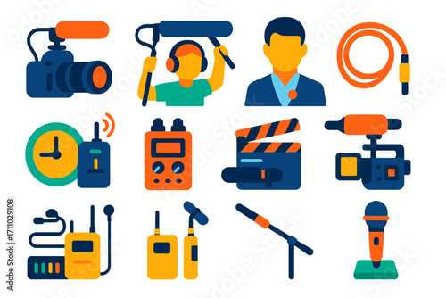 Vibrant Microphone Icons. Flat vector icons of microphones for video production: shotgun mic on camera, boom mic operator, lav mic
