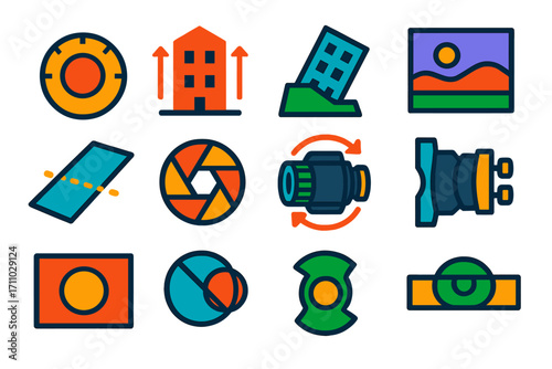 Tilt-Shift Lens Icons. Flat vector icons of tilt-shift lens features: shift dial, vertical perspective icon, architectural
