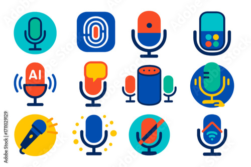 Smart Mic Icons. Flat vector icons of smart microphones: smart assistant mic, voice recognition icon, command mic, mic with app