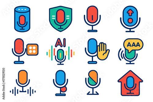 Smart Mic Icons. Flat vector icons of smart microphones: smart assistant mic, voice recognition icon, command mic, mic with app