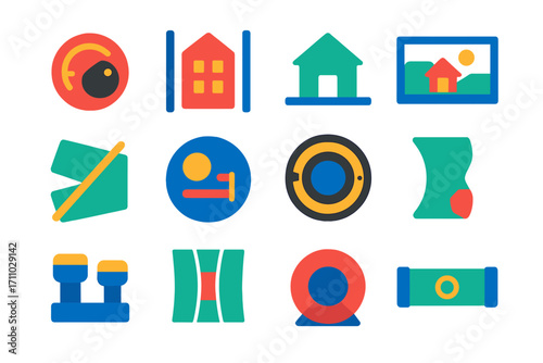 Tilt-Shift Lens Icons. Flat vector icons of tilt-shift lens features: shift dial, vertical perspective icon, architectural