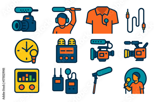 Vibrant Microphone Icons. Flat vector icons of microphones for video production: shotgun mic on camera, boom mic operator, lav mic