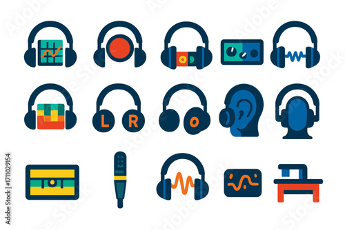 Headphone Test Icons. Flat vector icons of headphone test setups: frequency response test, pink noise icon, audio interface test,