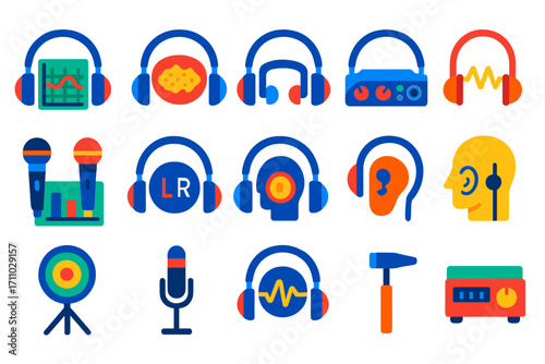 Headphone Test Icons. Flat vector icons of headphone test setups: frequency response test, pink noise icon, audio interface test,