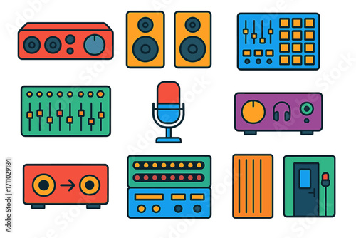 Music Production Icons. Flat vector icons of music production audio gear: audio interface, studio monitors, MIDI controller,