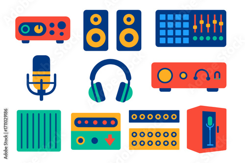 Music Production Icons. Flat vector icons of music production audio gear: audio interface, studio monitors, MIDI controller,