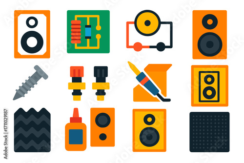 DIY Speaker Icons. Flat vector icons of DIY speaker building: speaker cabinet cutout, crossover circuit board, driver wiring