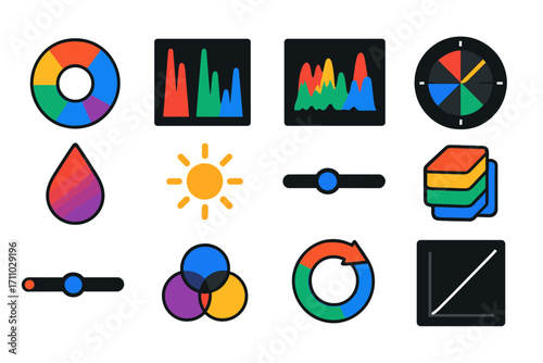 Video Grading Icons. Flat vector icons of video color grading tools: color wheel, RGB parade, waveform scope, vector scope,