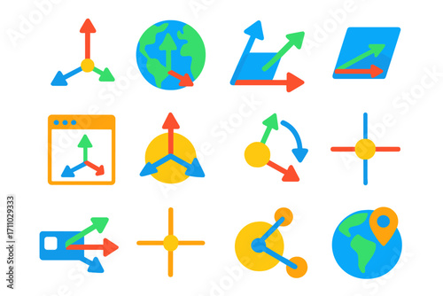 Modern CAD Icons. Flat vector icons of CAD coordinate systems: UCS icon, world UCS, user-defined UCS, plan view UCS, UCS manager,