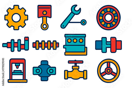 Mechanical Engineering Icons. Flat vector icons of mechanical engineering: gear icon, piston symbol, torque wrench, bearing icon,
